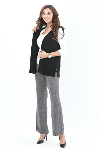 Uludağ Triko Women's Black Embroidered Ribbed Knitwear Vest