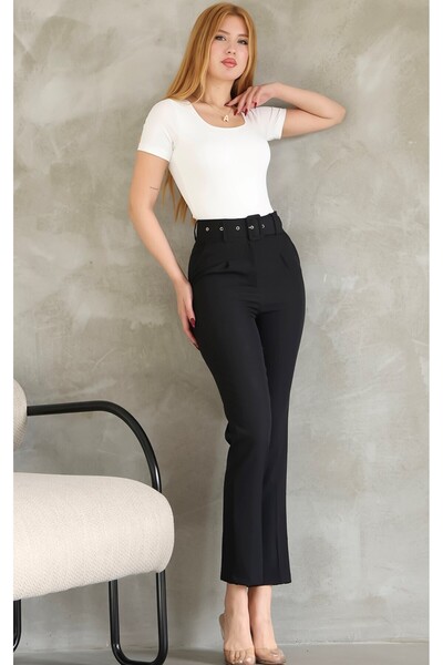 VEGENZE Women's Black High Waist Belted Pocket Pants