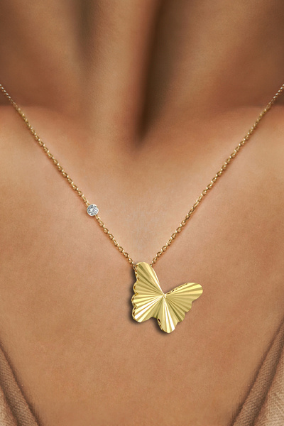 Demas Gold Pırlantalı 14 Ayar Altın Kalemli Kelebek Kolye