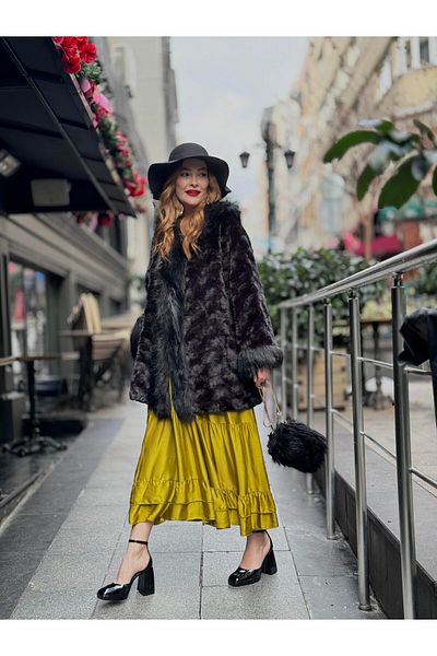 DESEO BOUTIQUE Women's Black Color Std Size (34-46 Size) Viola Fur Detailed Hooded Coat