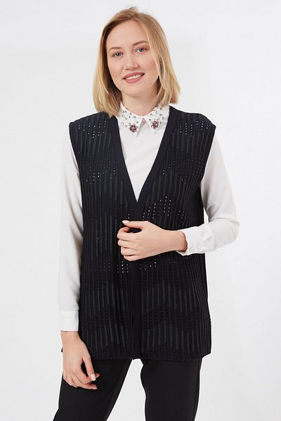 Uludağ Triko Women's Black Zigzag Patterned Openwork Summer Mother Knitwear Vest