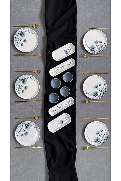 Erbaşlar Silver Luxury Relief 14-Piece Round Breakfast Set for 6 People, Set