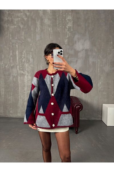 Nimas Women's Diamond Patterned Cardigan with Pocket Detail