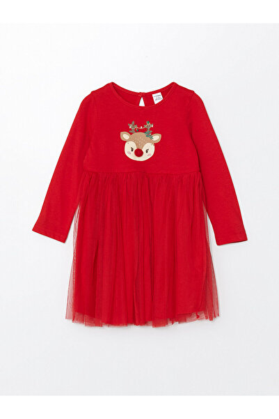 LC Waikiki Azestrend New Season Crew Neck Christmas Themed Girls' Dress