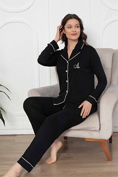 ALİMER Černá pyžamová souprava s předním zapínáním na knoflíky 2782UK