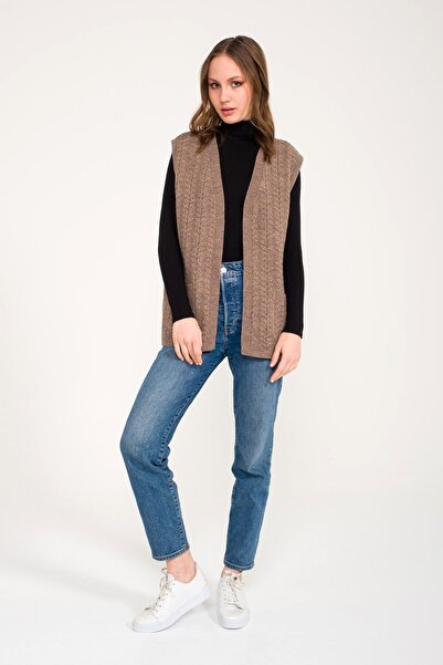 Uludağ Triko Дамски зимен дебел плетен пуловер с джоб от норка, жилетка за майка