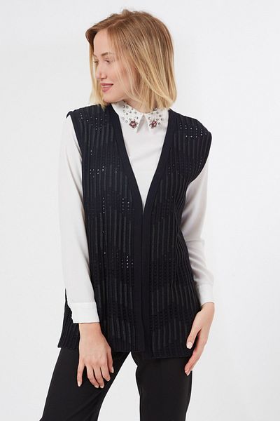 Uludağ Triko Women's Black Zigzag Patterned Openwork Summer Mother Knitwear Vest