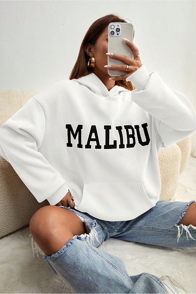 MODAGEN Unisex φούτερ με λευκή κουκούλα Malibu με στάμπα oversize