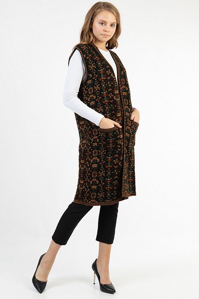 Uludağ Triko Women's Main Flower Patterned Long Rug Vest with Pockets