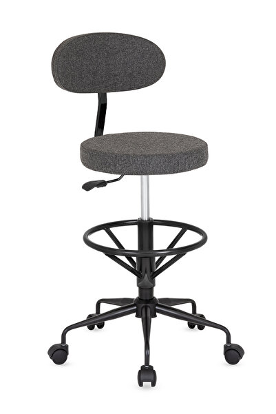 Bintaş Mobilya Alfa Arkalıklı Tekerlekli Siyah Metal Antrasit Gri Kumaş Yüksek Bar Boy Tabure Yükseklik Ayarlı