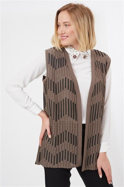 Uludağ Triko Kadın Vizon Zikzak Desenli Ajurlu Yazlık Anne Triko Yelek