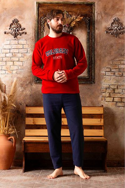 MİRELLA Σετ ανδρικές πιτζάμες Claret Red Navy Blue - Μακρυμάνικο, Fleece βελούδινο, Χειμώνας Ζεστό
