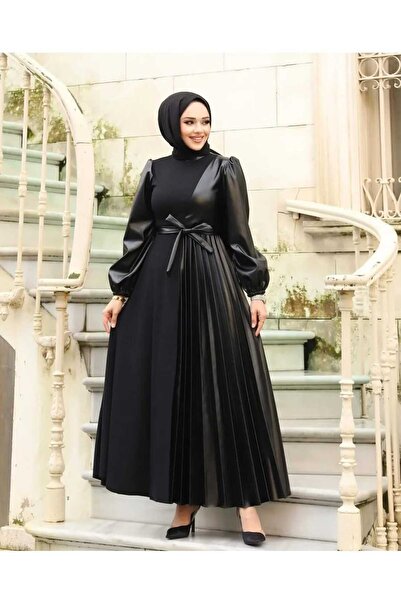 butik hira Deri detaylı piliseli elbise