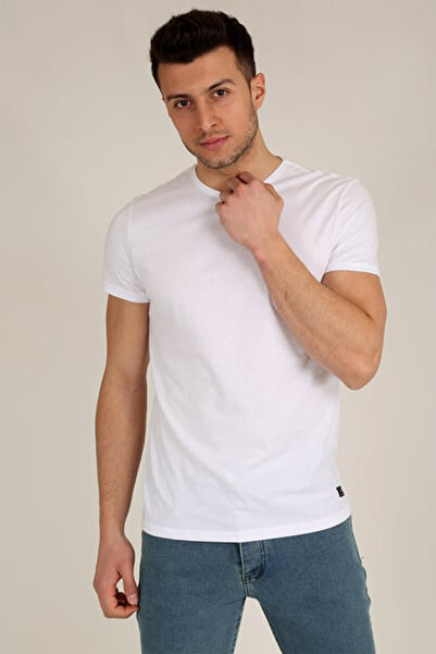 VEAVEN Erkek Beyaz Slim Fit Bisiklet Yaka Basic T-Shirt