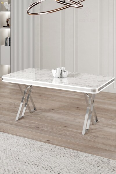 Canisa Rigel Serisi 80x130 Lak Panel Beyaz Mermer Desen Masa Takımı Krom Ayaklı 4 Cappucino Sandalye