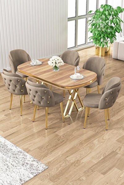 Canisa Zae Serisi 90x168 Lak Panel Hazar Gold Ayak Masa Takımı 6 Cappucino Sa...