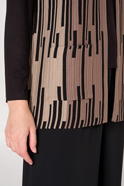 Uludağ Triko Дамски раиран трикотаж с джобове и V-образно деколте