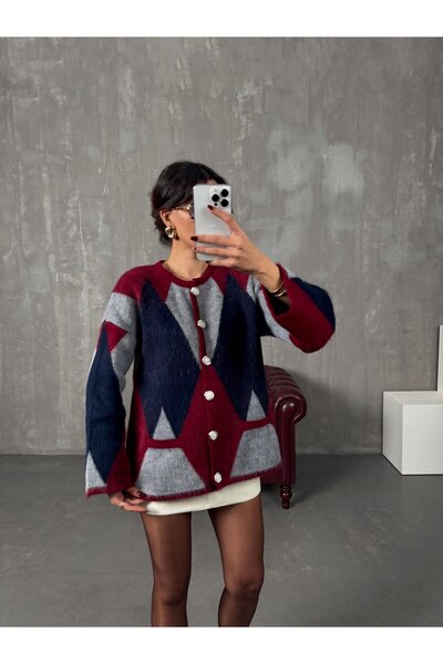 Samin Women's Diamond Patterned Cardigan with Pocket Detail