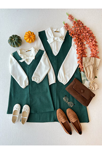 KÜÇÜĞÜM BUTİK Πράσινο Χρώμα Κοντό Stamp Gilet Φόρεμα Συνδυασμός μητέρας και κόρης (πωλείται single)