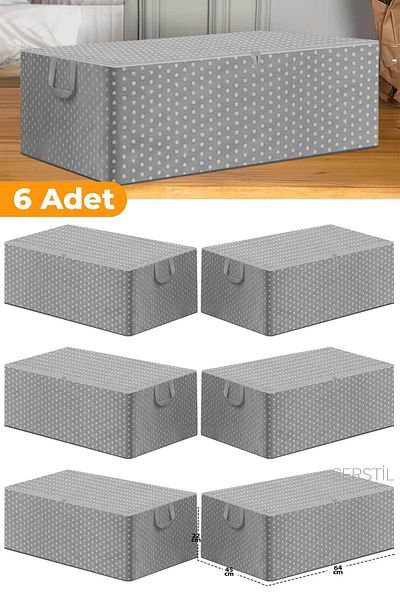 Serstil 6 Pieces - Gray Spotted Large Size Base Base and Sofa Bed Type Storage 65 x 45 x 22 cm