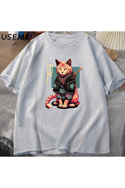Drippy Samuraj Japanski mačka Grafika T-shirt - Kawaii Ninja, Pamuk, Kratki R...