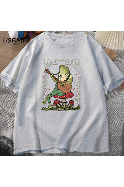 Drippy Sevimli Cottagecore kurbağa oynayan Banjo T Shirt erkek kadın pamuk ko...