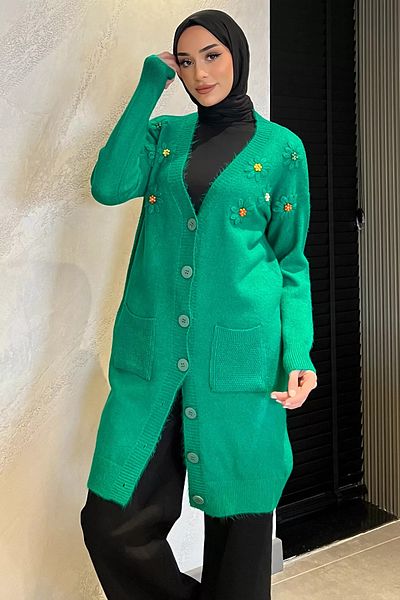 julude Ζακέτα με πράσινη φλοράλ κεντημένη πέτρα Hijab μακριά πλεκτή ζακέτα