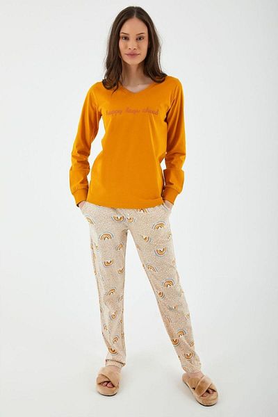 Arnetta Women's Gold Yellow New Season 100% Cotton Long Sleeve V-Neck Print Pajamas Set