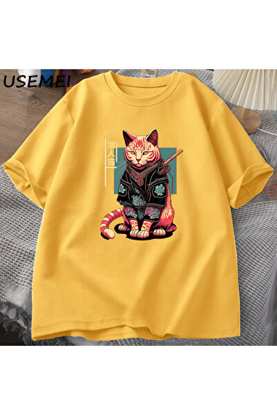 Drippy Samuraj Japanski mačka Grafika T-shirt - Kawaii Ninja, Pamuk, Kratki R...