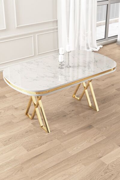 Canisa Zae Serisi 90x168 Lak Panel Beyaz Mermer Desen Gold Ayak Masa Takımı 6 Siyah Sandalye