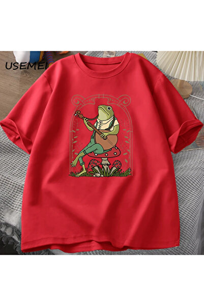 Drippy Sevimli Cottagecore kurbağa oynayan Banjo T Shirt erkek kadın pamuk ko...