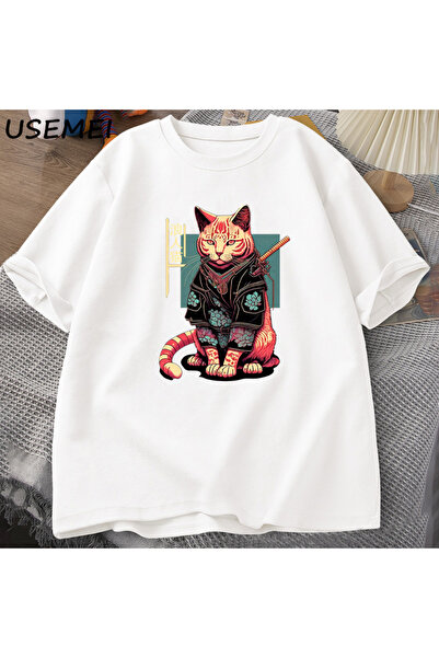 Drippy Samuraj Japanski mačka Grafika T-shirt - Kawaii Ninja, Pamuk, Kratki R...