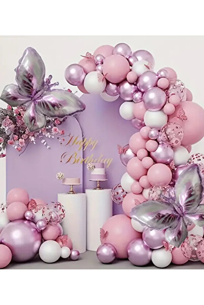 Çemrek Süs Parti Set lanț de baloane roz alb 101 bucăți inclus 1 bucăți de baloane din folie fluture