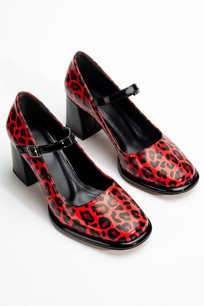 Hayalimdeki Ayakkabı Pantofi Oxford din piele lăcuită roșie leopard cu toc înalt Adelin