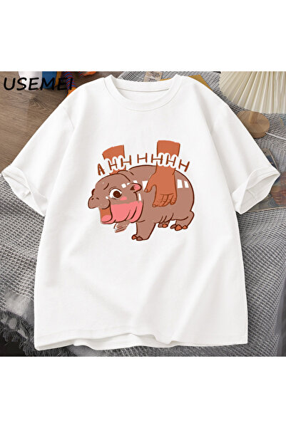Drippy Volim Moo Deng strip T-shirt - Nilski konj Sa deznom , Pamuk kratkih r...
