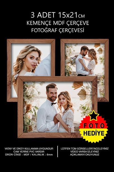 Bytwo 3 Pcs 15X21 Kemençe Wood Frame Mdf - Photo Frame with Pvc - 3 Pcs A5 Frame