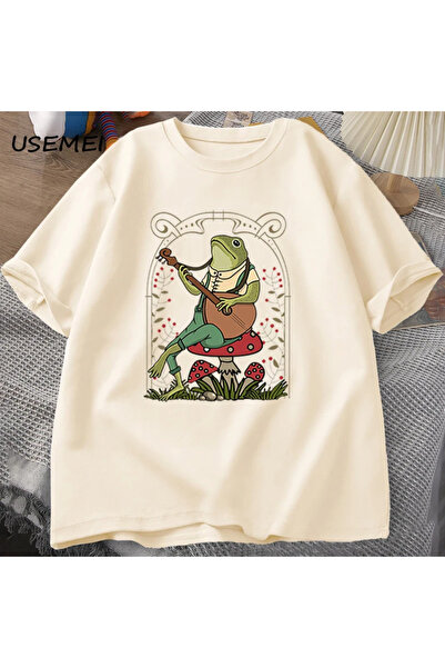Drippy Sevimli Cottagecore kurbağa oynayan Banjo T Shirt erkek kadın pamuk ko...