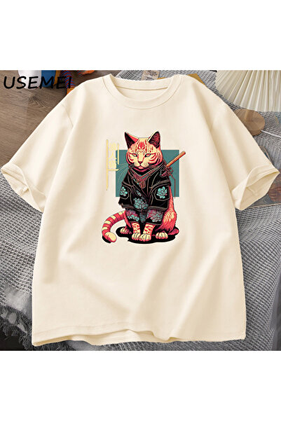 Drippy Samuraj Japanski mačka Grafika T-shirt - Kawaii Ninja, Pamuk, Kratki R...