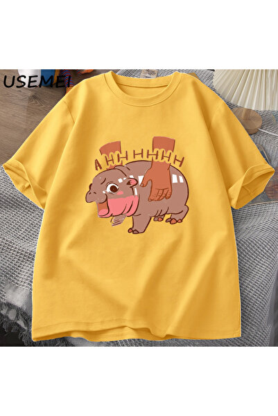 Drippy Volim Moo Deng strip T-shirt - Nilski konj Sa deznom , Pamuk kratkih r...