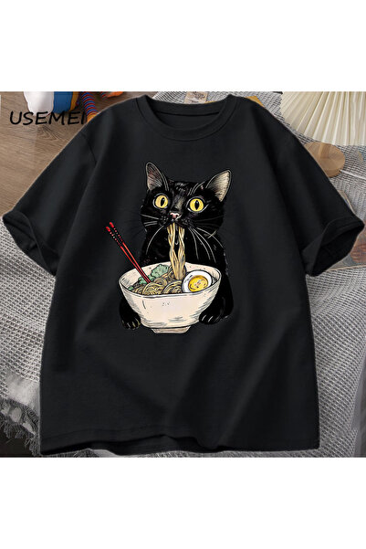 Drippy Crni mačka Noodle T-shirt - Ljubitelj gastronomije, udoban kratki kroj...