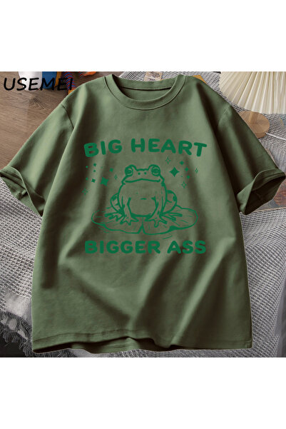 Drippy Унісекс-футболка Vintage з великим серцем і великим ослом - з графічним зображенням жаби, бавовняна, з короткими рукавами