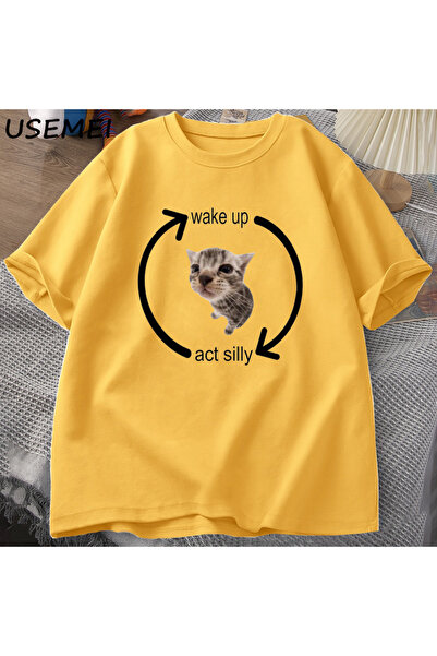 Drippy Tricou confortabil din bumbac Wake Up Motion Cat pentru bărbați și fem...