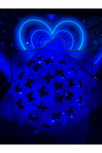 Store Led Işıklı Koyu Mavi Kelebekli Çiçek Buketi (30’lu)