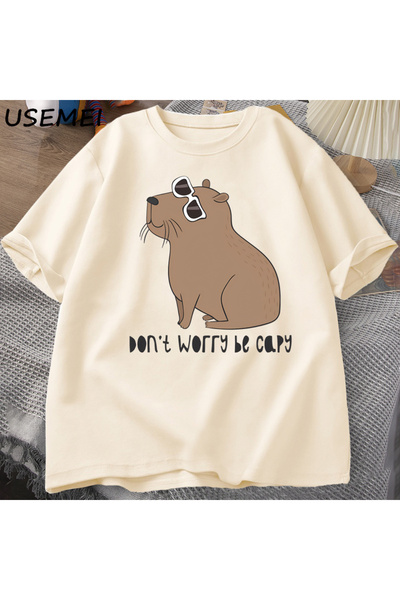 Drippy تي شيرت صيفي مريح من القطن بنمط كابيبارا - رائع ولطيف، بأكمام قصيرة