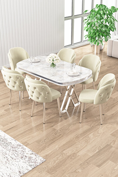 Canisa Zae Serisi 90x168 Lak Panel Beyaz Mermer Desen Krom Ayak Masa Takımı 6 Krem Sandalye