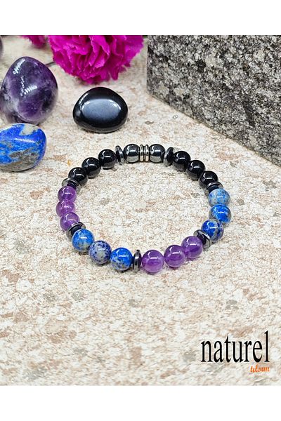 Naturel Tılsım Virgo Natural Stone Unisex Bracelet |   Amethyst-Lapis Lazuli- Obsidian-Hematite