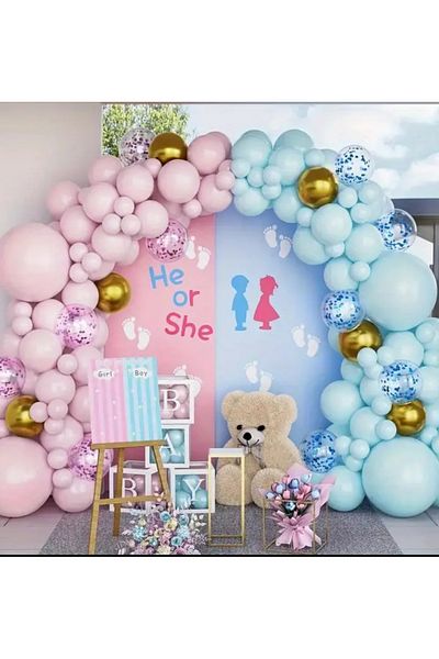 Ezgi Party Store Set of 100 Macarons Pale Pink and Baby Blue Gender Balloon Chains