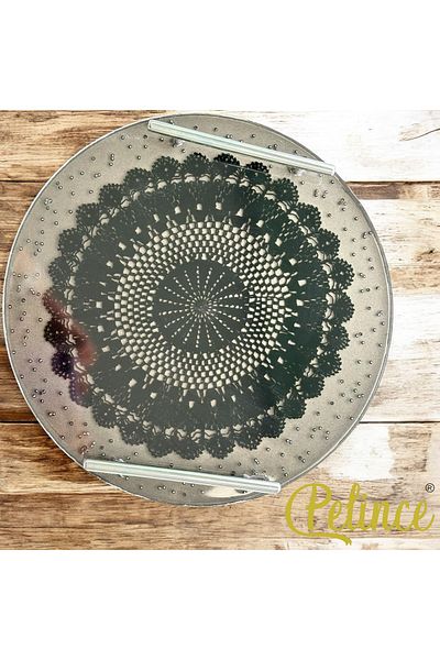 Home Epoxy Resin Lace Tray - Black Lace with Silver Beads - Diameter: 30 cm