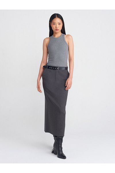 Dilvin 80848 Plain Midi Skirt-Gray