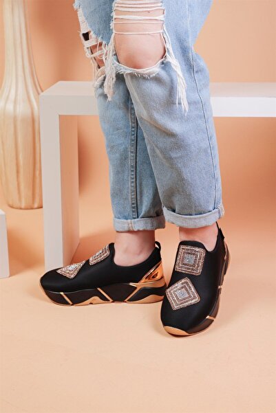 layki İmmobile Altın Renkli Önü Parlak Taşlı Paraşüt Kumaş Lux Kadın Spor Ayakkabı